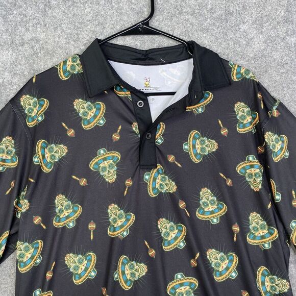 Rolo Golf Mens XXL Polo Shirt AOP Performance Golfer Skull Black Casual - Picture 2 of 10